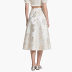 Luxury Golden Floral Embroidered Crop Top & A-Line Midi Skirt