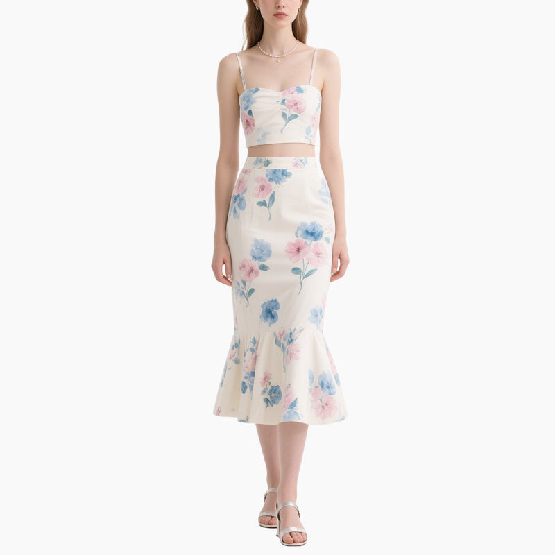 Women’s Floral Crop Top & High-Waisted Fish Tail Skirt Set