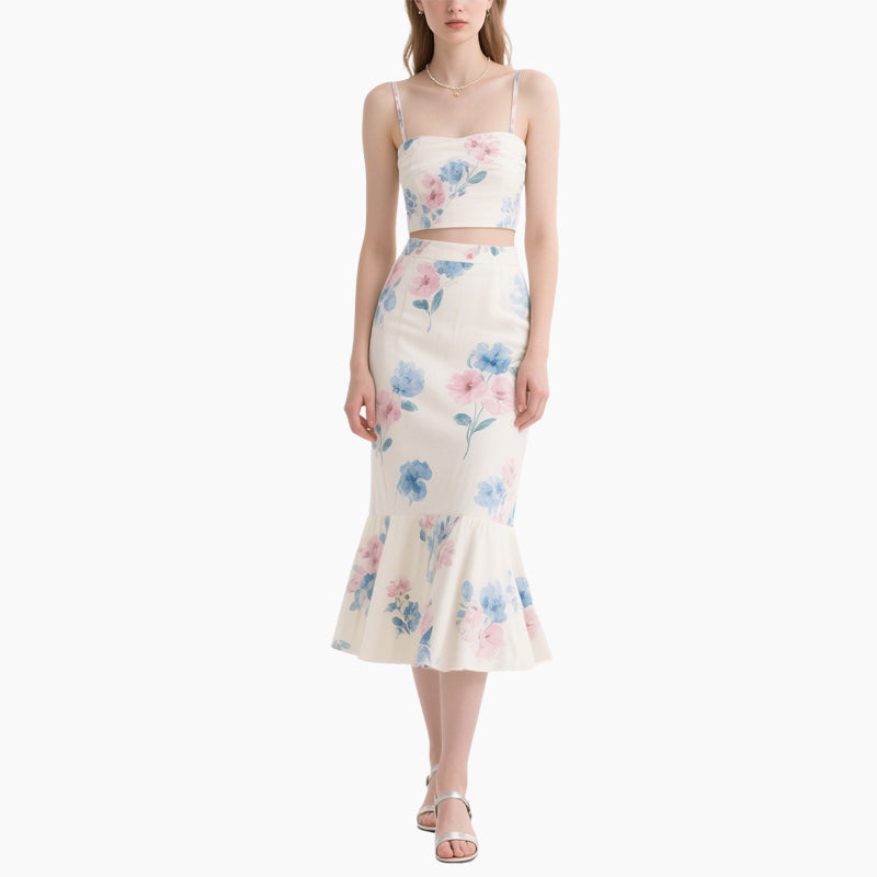 Women’s Floral Crop Top & High-Waisted Fish Tail Skirt Set