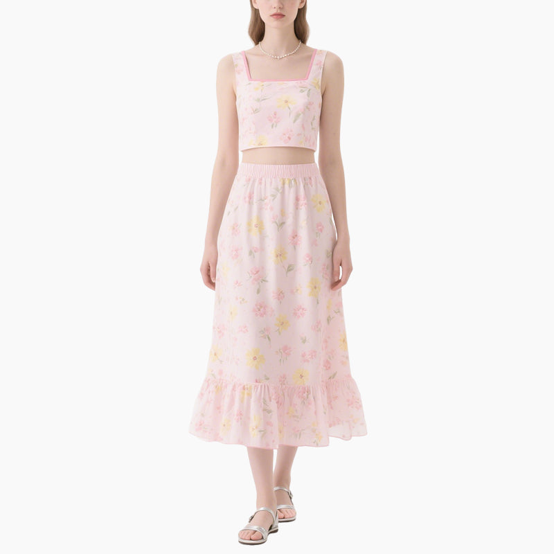 Floral Set Pink Sweetheart Neck Top & Elastic Waist Skirt Summer Women's Outfit