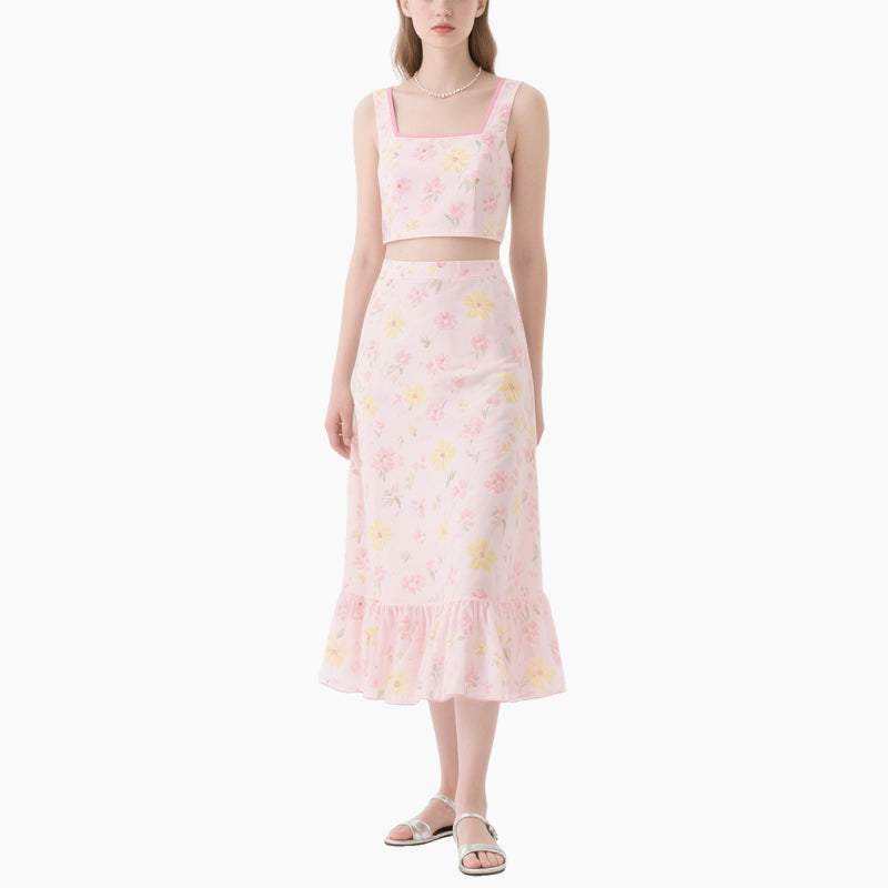 Floral Set Pink Sweetheart Neck Top & Elastic Waist Skirt Summer Women's Outfit