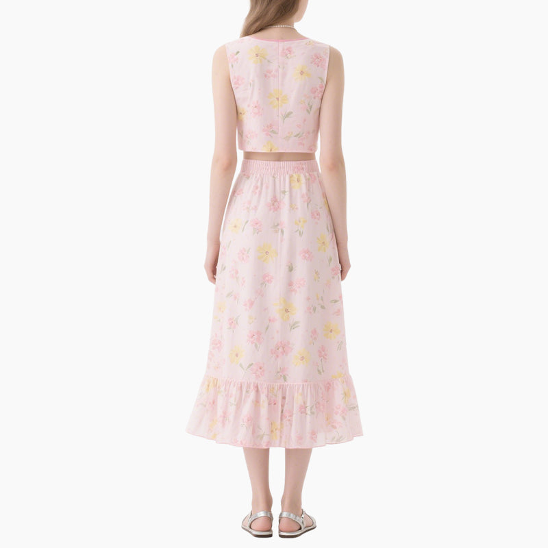 Floral Set Pink Sweetheart Neck Top & Elastic Waist Skirt Summer Women's Outfit