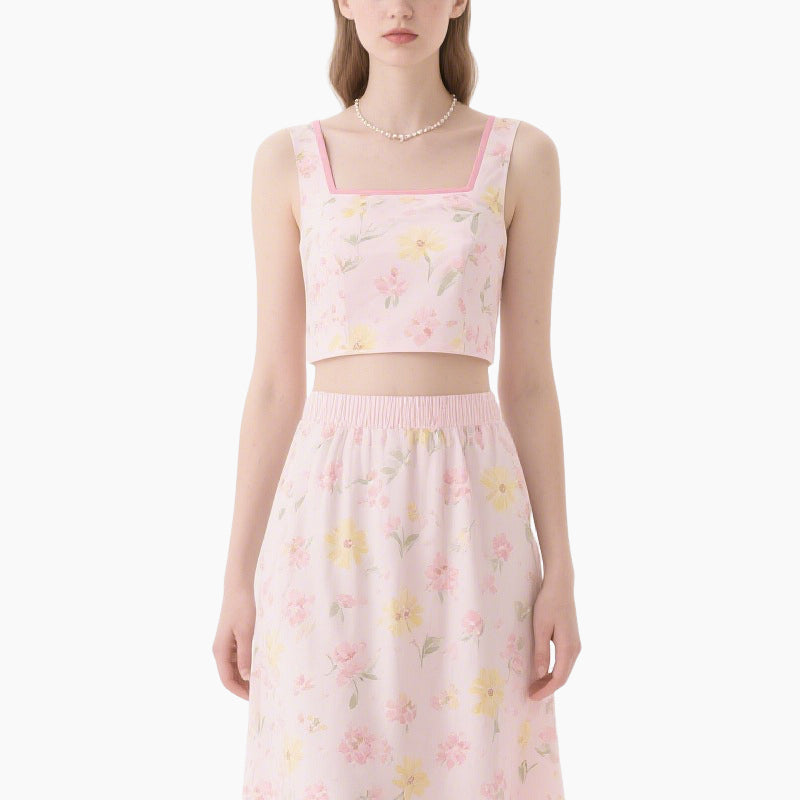 Floral Set Pink Sweetheart Neck Top & Elastic Waist Skirt Summer Women's Outfit