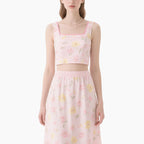 Floral Set Pink Sweetheart Neck Top & Elastic Waist Skirt Summer Women's Outfit