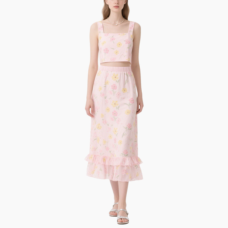 Women's Floral Crop Top & High-Waisted Ruffle Skirt Set Two-Piece Outfit