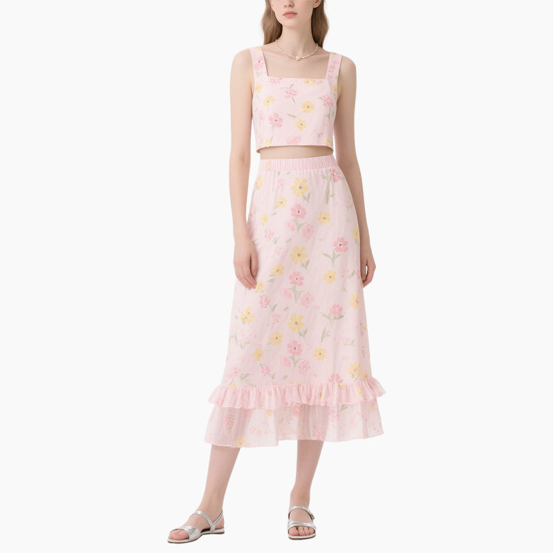 Women's Floral Crop Top & High-Waisted Ruffle Skirt Set Two-Piece Outfit