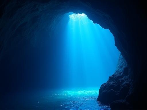 The ethereal, mystical blue light illuminating the underwater sea cave known as Blue Cave at Maeda Point, Okinawa