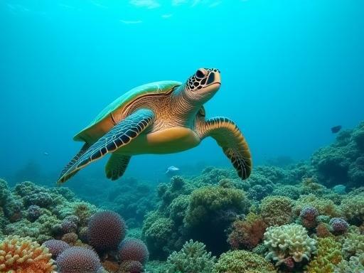 A graceful sea turtle swimming serenely over a vibrant coral reef in the crystal clear waters of the Kerama Islands