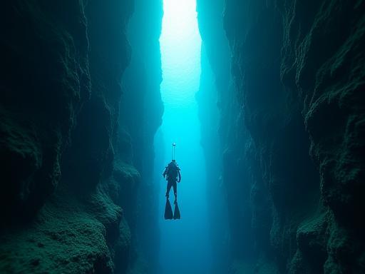 A scuba diver exploring the dramatic vertical swim-through of Manza Dream Hole cavern in Okinawa