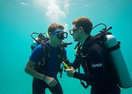 A beginner diver experiencing the thrill of scuba diving for the first time under the close supervision of a PADI instructor in shallow water