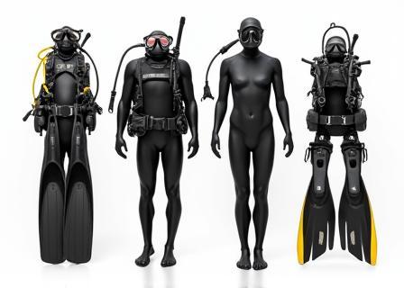 A wide assortment of high-quality scuba diving and snorkeling gear neatly arranged for rental or sale