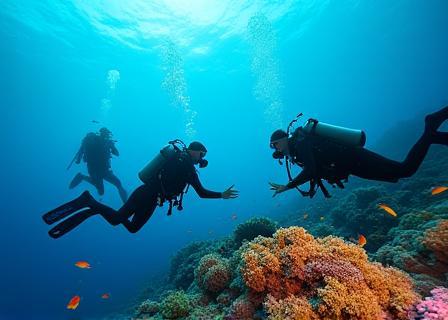 A group of scuba divers exploring a vibrant coral reef system in Okinawa's clear waters