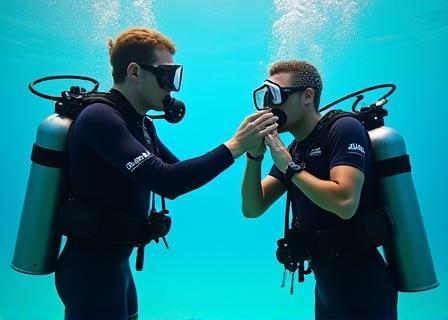 A PADI diving instructor teaching essential skills to a student during an Open Water Diver course