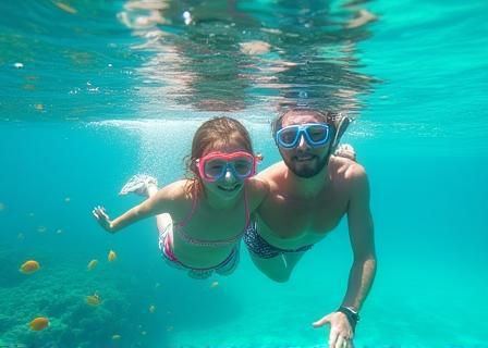 A happy family enjoying a snorkeling excursion in the crystal clear shallow waters of Okinawa